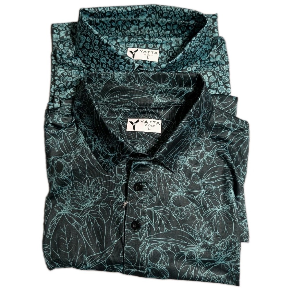 Yatta Golf Mens L Polo Shirts 2 Pack Dark Green Teal Floral Performance NWOT